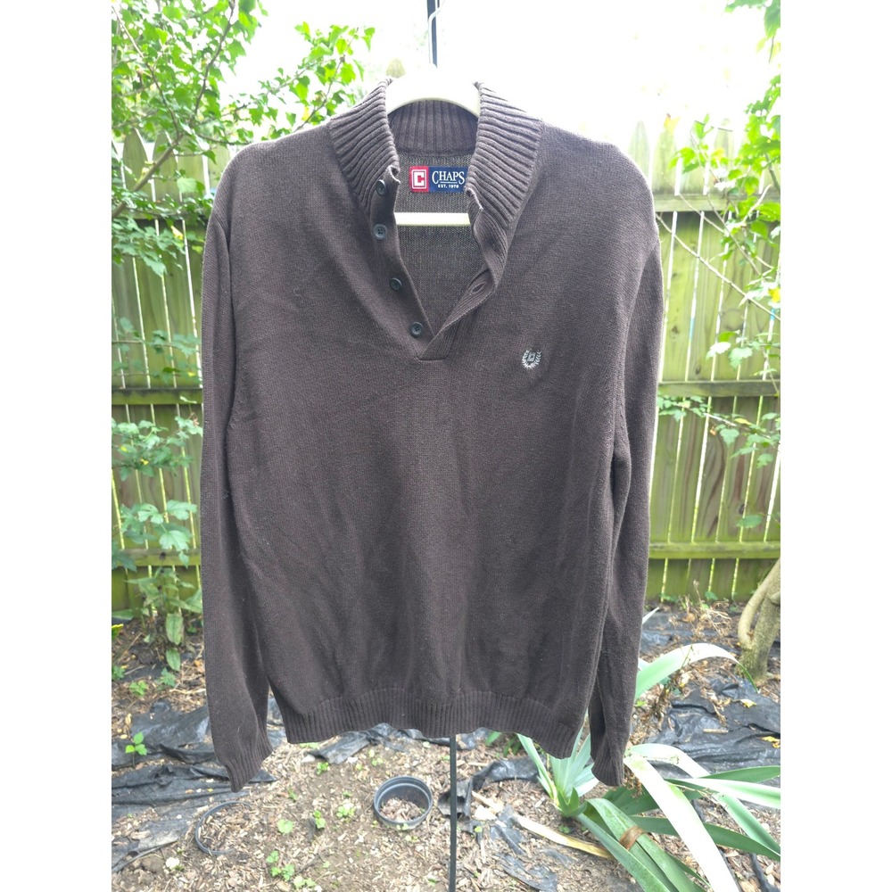 Chaps Men's Brown Cotton 3 Button Mock Neck Sweater Pullover